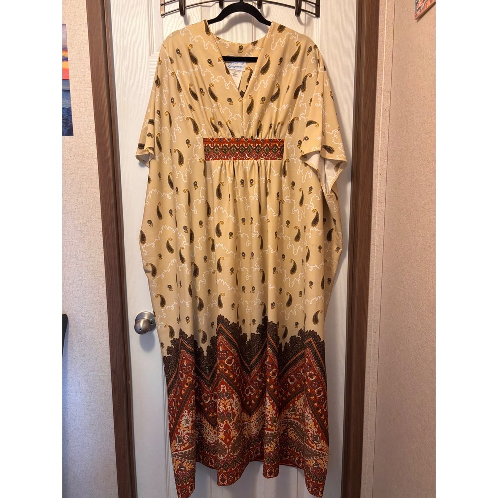 Vintage Tiffany Loungewear Paisley Caftan Maxi Dress Tan Rust One Size